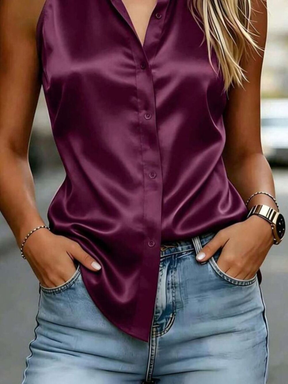 Sleeveless Purple Satin Button Front Top - Picture 3 of 5